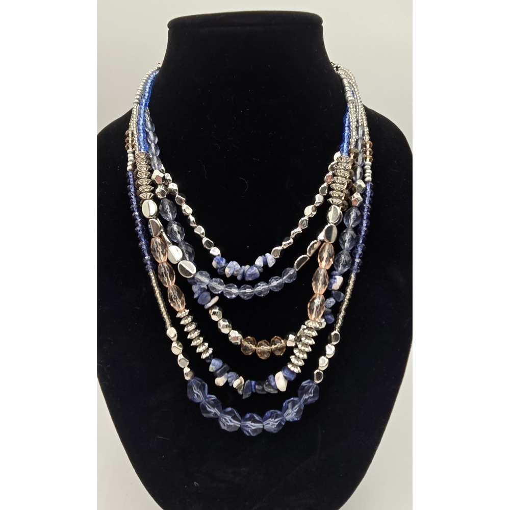 Layered Blue Silver-tone Clear Pale Peach Beaded Chunky Boho Adjustable Necklace - Picture 1 of 12